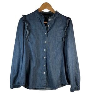 Draper James Small Denim Chambray Ruffle Button Down Top Cottagecore Preppy